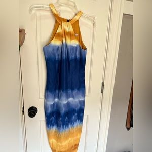 NWT H&M Halter Style Dress Yellow and Blue Midi Length Sz 6